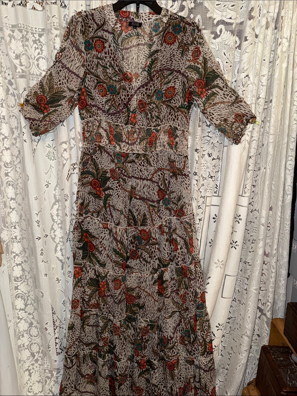 Boho Floral Tiered Maxi Dress in Beige with Green Accents